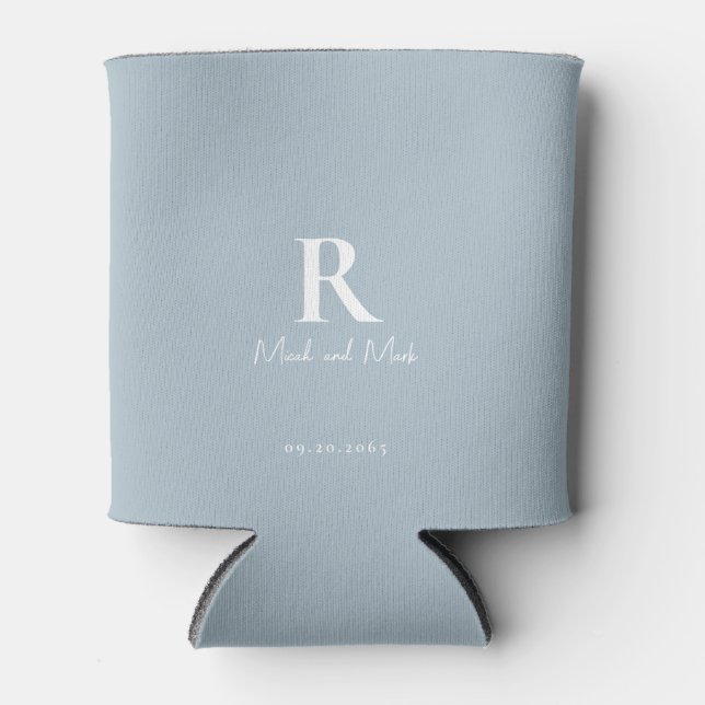 Dusty Blue & Monogram and Couple Names Wedding Can Cooler (Front)