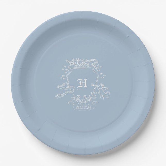 Dusty Blue Monogram Baby Shower  Paper Plate (Front)