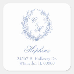 Dusty Blue Monogram Botanica Wreath Return Address Square Sticker