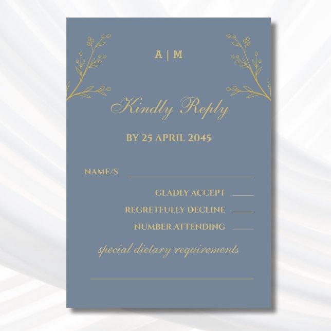 Dusty Blue Monogram Botanical Wedding RSVP Card (Creator Uploaded)