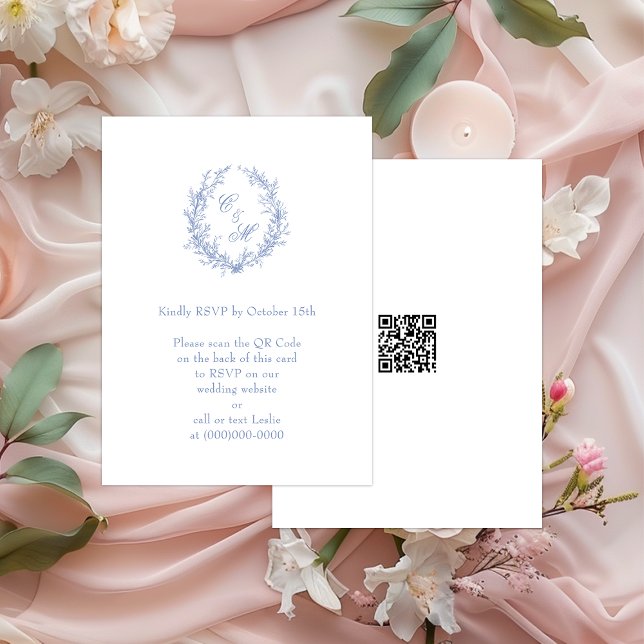 Dusty Blue Monogram Botanical Wreath QR Code RSVP Enclosure Card (Creator Uploaded)