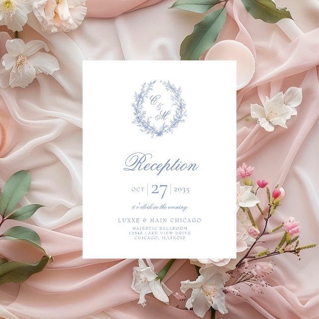 Dusty Blue Monogram Botanical Wreath Reception Enclosure Card (Creator Uploaded)