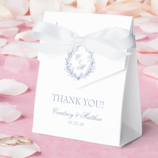 Dusty Blue Monogram Botanical Wreath Thank You Favour Box (Wedding)