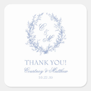 Dusty Blue Monogram Botanical Wreath Thank You Square Sticker