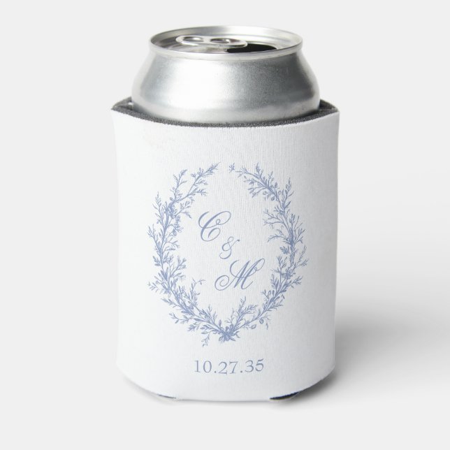 Dusty Blue Monogram Botanical Wreath Wedding Can Cooler (Can Back)