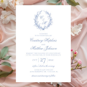 Dusty Blue Monogram Botanical Wreath Wedding Invitation