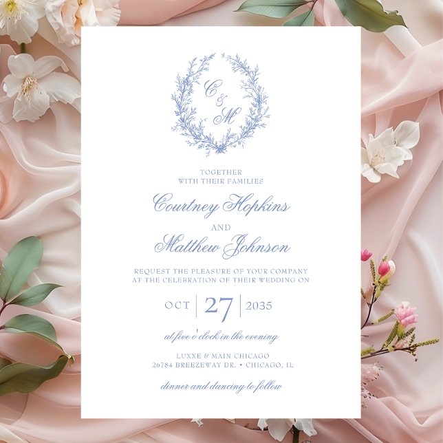 Dusty Blue Monogram Botanical Wreath Wedding Invitation (Creator Uploaded)