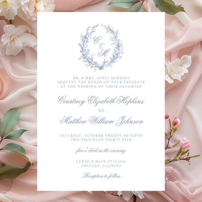 Dusty Blue Monogram Botanical Wreath Wedding Invitation (Creator Uploaded)