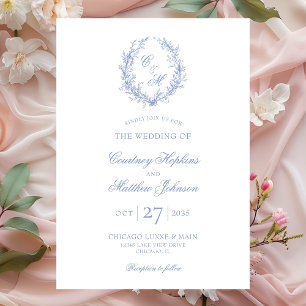 Dusty Blue Monogram Botanical Wreath Wedding Invitation