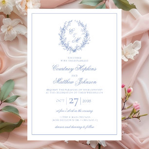 Dusty Blue Monogram Botanical Wreath Wedding Invitation