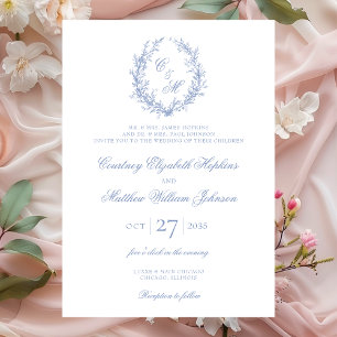 Dusty Blue Monogram Botanical Wreath Wedding Invitation