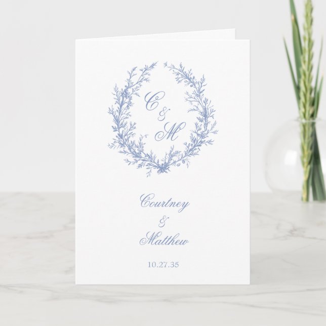 Dusty Blue Monogram Botanical Wreath Wedding Programme (Front)