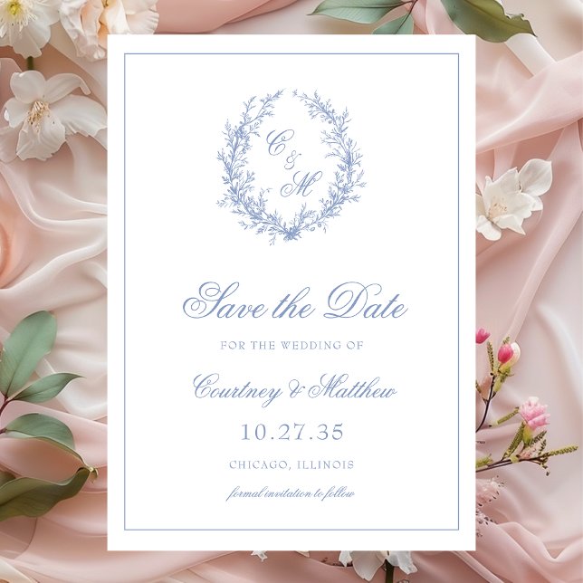 Dusty Blue Monogram Botanical Wreath Wedding Save The Date (Creator Uploaded)
