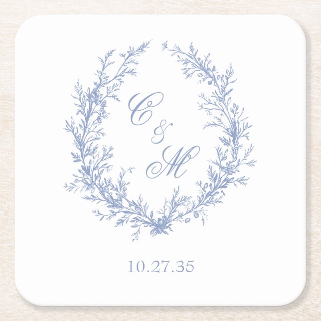 Dusty Blue Monogram Botanical Wreath Wedding Square Paper Coaster (Front)