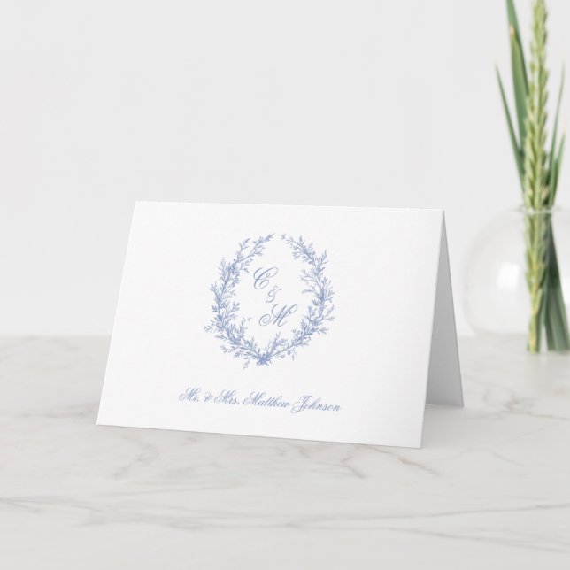 Dusty Blue Monogram Botanical Wreath Wedding Thank You Card (Front)