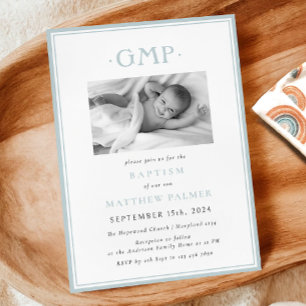 Dusty Blue Monogram Boy Baby Baptism Announcement