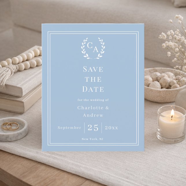 Dusty blue monogram budget wedding Save the Date Flyer (Creator Uploaded)