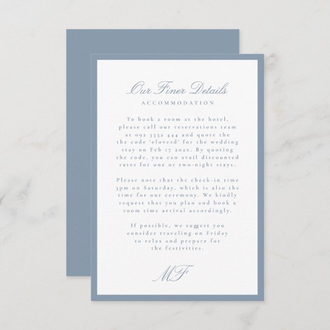 Dusty Blue Monogram Classic Wedding Details Info Enclosure Card (Front/Back)
