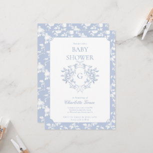 Dusty Blue Monogram Crest Baby Shower Invitation