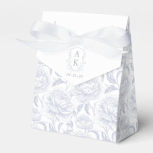 Dusty Blue Monogram Crest Chinoiserie Peonies Favour Box