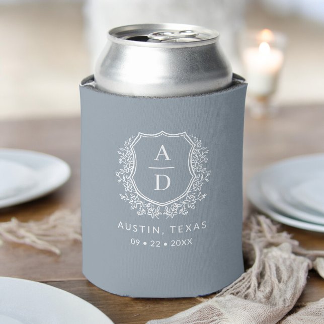 Dusty Blue Monogram Crest Wedding  Can Cooler (Creator Uploaded)