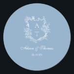 Dusty Blue Monogram Crest Wedding Envelope Seal<br><div class="desc">Elegant dusty blue script floral monogram crest wedding classic envelope seal sticker.</div>