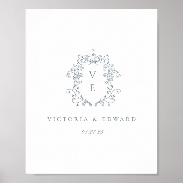 Dusty Blue Monogram Crest Wedding Poster (Front)
