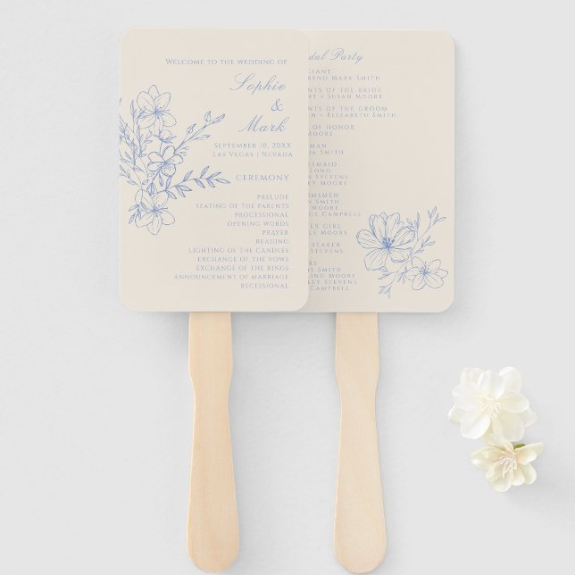 Dusty Blue Monogram Crest Wedding Program Hand Fan (Creator Uploaded)