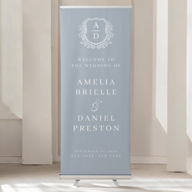 Dusty Blue Monogram Crest Wedding Welcome Sign (Creator Uploaded)