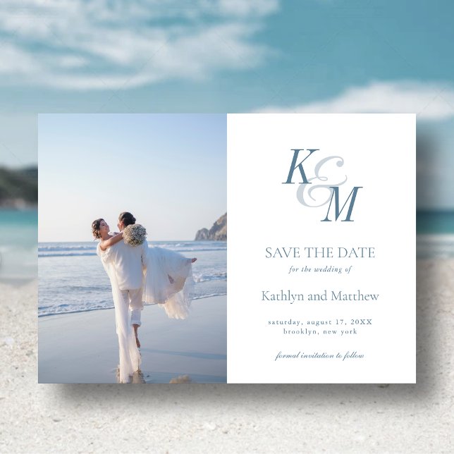Dusty Blue Monogram Elegant Classic Save The Date Magnetic Invitation (Creator Uploaded)