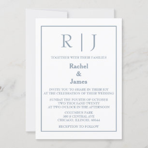Dusty Blue Monogram Elegant Classy Minimal Wedding Invitation