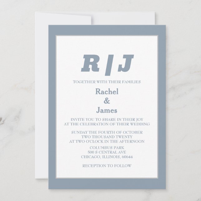 Dusty Blue Monogram Elegant Minimal Style Wedding Invitation (Front)