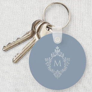 Dusty Blue Monogram Elegant Vintage Crest Initial  Key Ring
