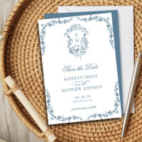 Dusty Blue Monogram Floral Vintage Crest Wedding