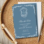 Dusty Blue Monogram Floral Vintage Crest Wedding Save The Date<br><div class="desc">Dusty Blue Monogram Floral Vintage Crest Wedding Save the Date Card. Celebrate your special day with this elegant and beautiful wedding invitation design to beautify your special occasion. All the texts are pre-arranged for you to personalise easily and quickly with your own details.</div>