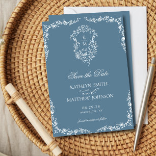 Dusty Blue Monogram Floral Vintage Crest Wedding Save The Date