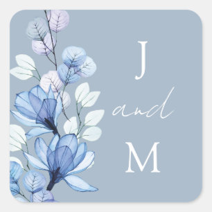 Dusty Blue Monogram Floral Wedding Favor Square Sticker