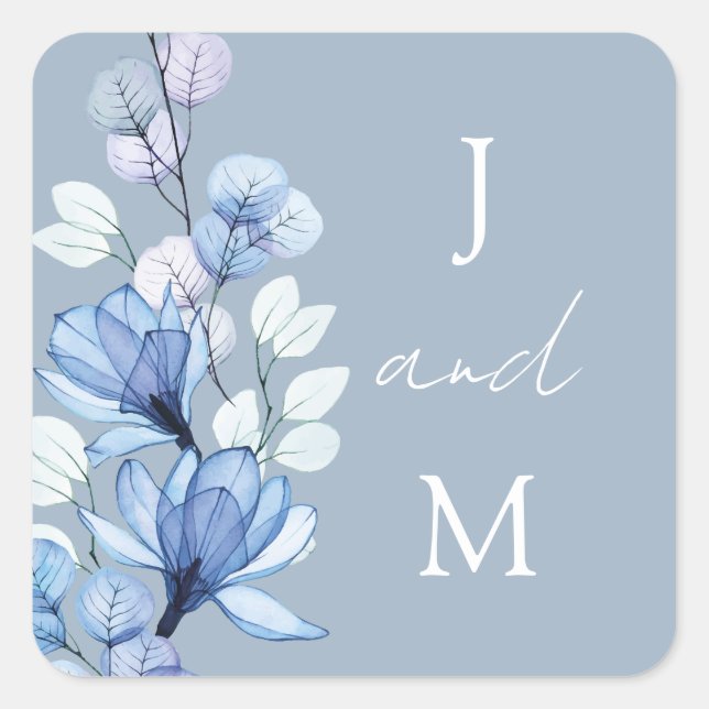 Dusty Blue Monogram Floral Wedding Favour Square Sticker (Front)