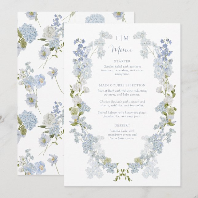 Dusty Blue Monogram Garden Vintage Wedding Menu (Front/Back)