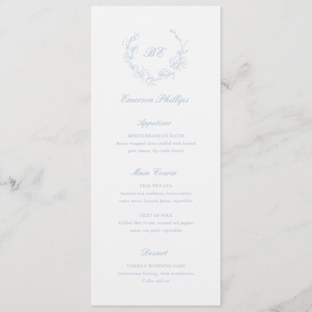 Dusty Blue Monogram Guest Name Elegant Wedding Menu (Front)
