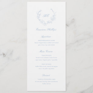 Dusty Blue Monogram Guest Name Elegant Wedding Menu