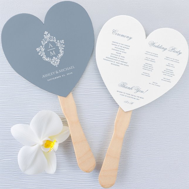 Dusty Blue Monogram in Crest Wedding Program Heart Hand Fan (Creator Uploaded)