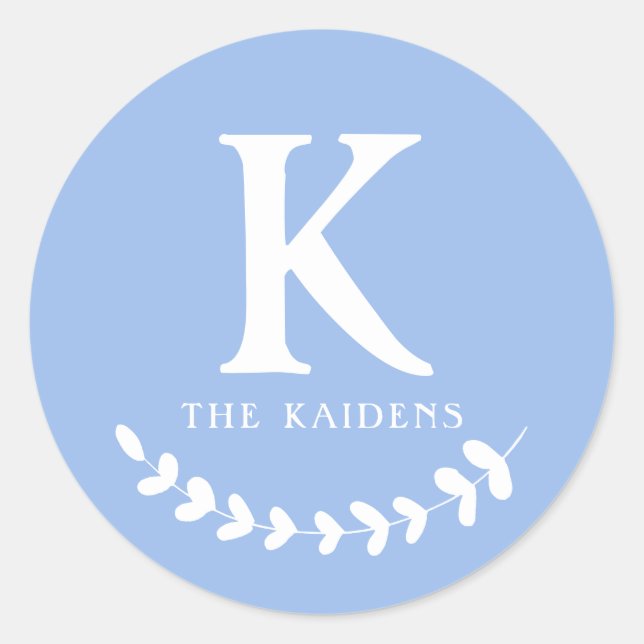 Dusty Blue Monogram Initial & Family Last Name Classic Round Sticker (Front)