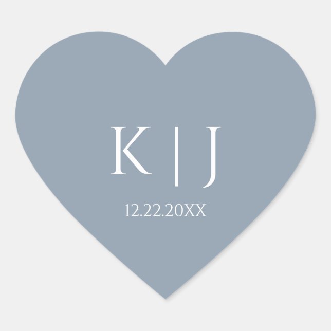 Dusty Blue Monogram Initial Minimal Trendy Wedding Heart Sticker (Front)