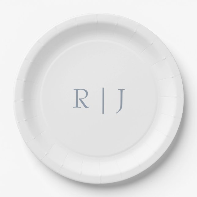 Dusty Blue Monogram Initials Minimal Wedding Paper Plate (Front)