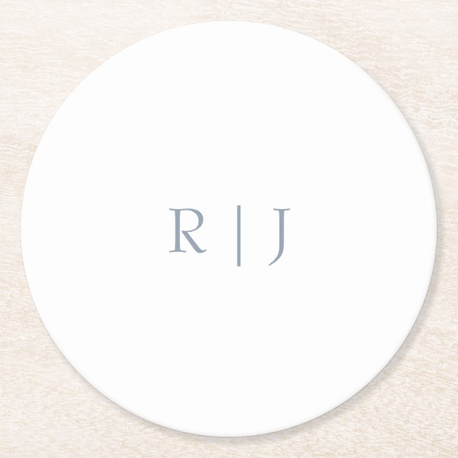 Dusty Blue Monogram Initials Minimal Wedding Round Paper Coaster (Front)