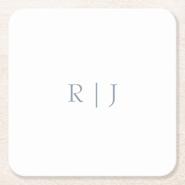 Dusty Blue Monogram Initials Minimal Wedding Square Paper Coaster (Front)