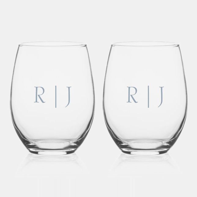 Dusty Blue Monogram Initials Minimal Wedding Stemless Wine Glass (Front)