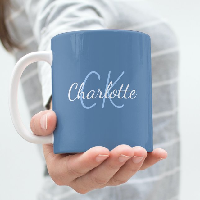 Dusty blue monogram initials name coffee mug (Creator Uploaded)
