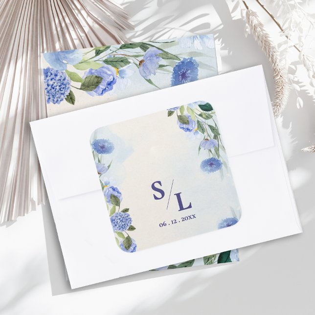 Dusty Blue Monogram Initials Wedding Envelope Square Sticker (Dusty Blue Watercolor Floral Wedding Monogram Sticker | Elegant Botanical Envelope Seal)